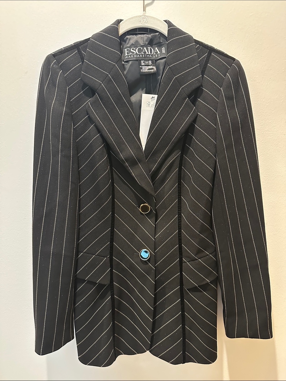 Escada Black Pinstripe Blazer with Contrasting Buttons